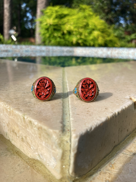 Two Art Deco vintage Gold Vermeil with hand painted Enamel and Carved Cinnabar rings