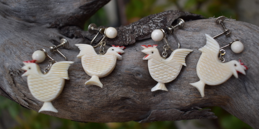 Two pairs of 1940's vintage chicken/ rooster earrings