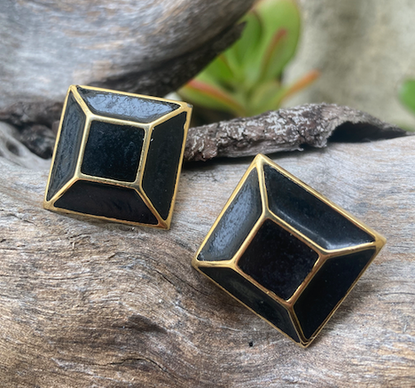 One pair of vintage 1980-90's Yves Saint Laurent (YSL) black and gold geometric earrings