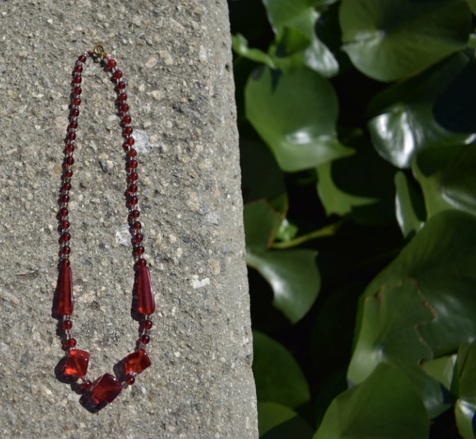 One 1930's Vintage Ruby Red and Clear Lucite Necklace