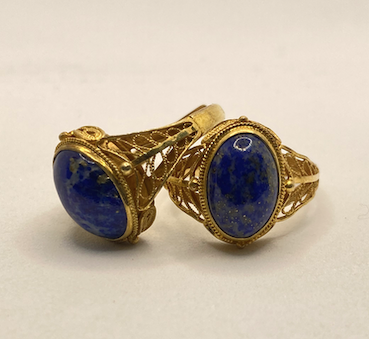 Two vintage Neo Etruscan Revival/ Victorian Revival gold vermeil over sterling silver lapis rings