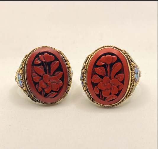 Two Art Deco vintage Gold Vermeil with hand painted Enamel and Carved Cinnabar rings