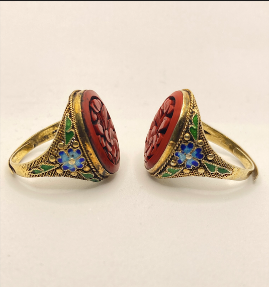 Two Art Deco vintage Gold Vermeil with hand painted Enamel and Carved Cinnabar rings