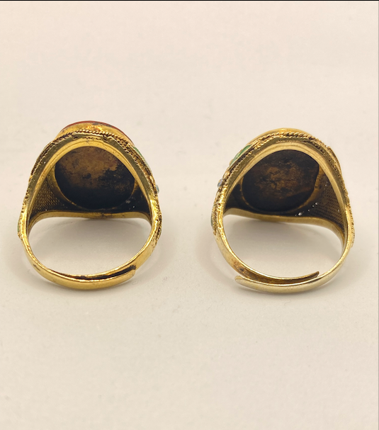 Two Art Deco vintage Gold Vermeil with hand painted Enamel and Carved Cinnabar rings