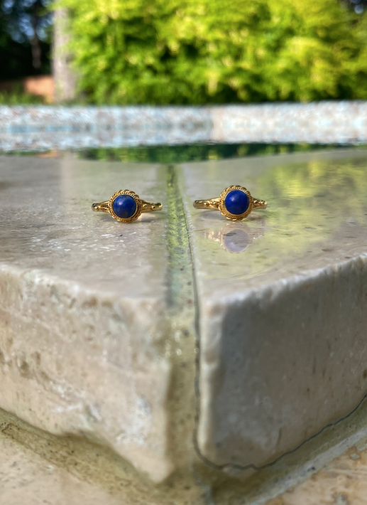 Two vintage Neo Etruscan/ Victorian Revival gold vermeil over sterling silver lapis (4 mm stone) rings