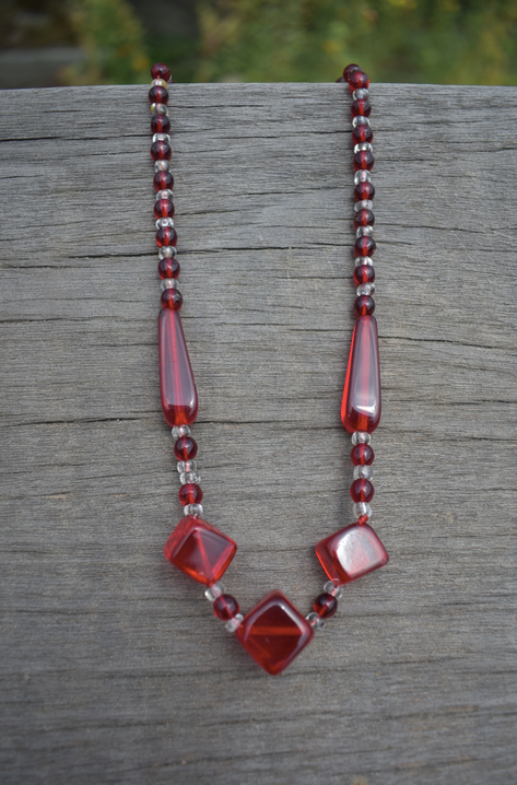 One 1930's Vintage Ruby Red and Clear Lucite Necklace