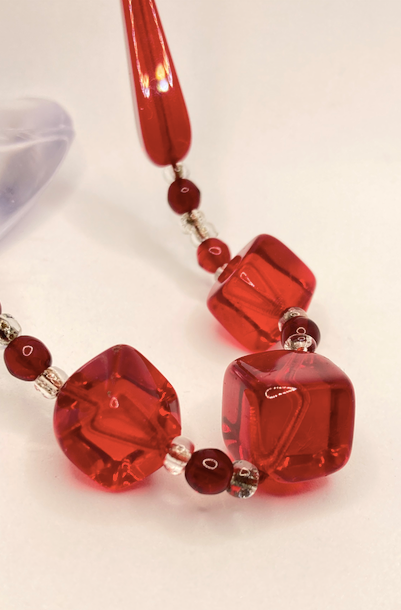 One 1930's Vintage Ruby Red and Clear Lucite Necklace