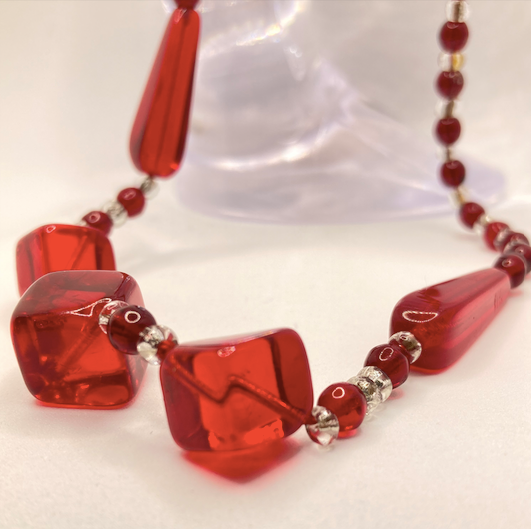 One 1930's Vintage Ruby Red and Clear Lucite Necklace