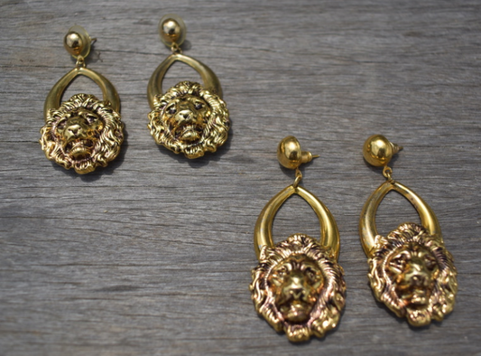 Two pairs of 1980-90's vintage gold tone lion head dangle hoop earrings