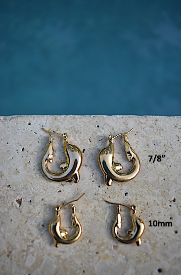 Two pairs of 1970-80's vintage gold tone dolphin hoop earrings 10 mm diameter