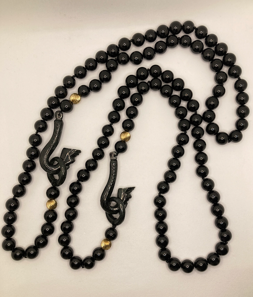 Two 1950's-60's Black Onyx and Hand Carved Jade Dragon Necklace