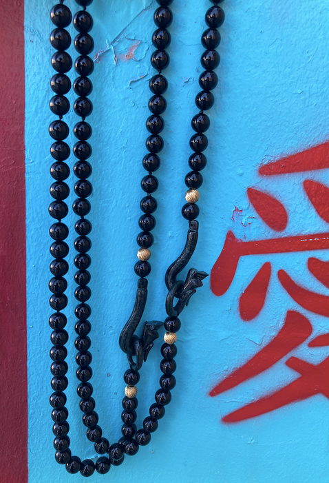 Two 1950's-60's Black Onyx and Hand Carved Jade Dragon Necklace