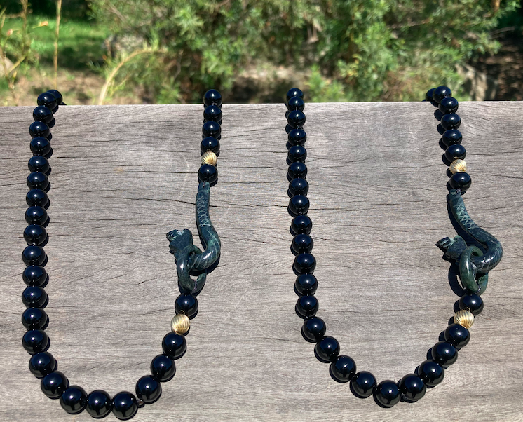 Two 1950's-60's Black Onyx and Hand Carved Jade Dragon Necklace