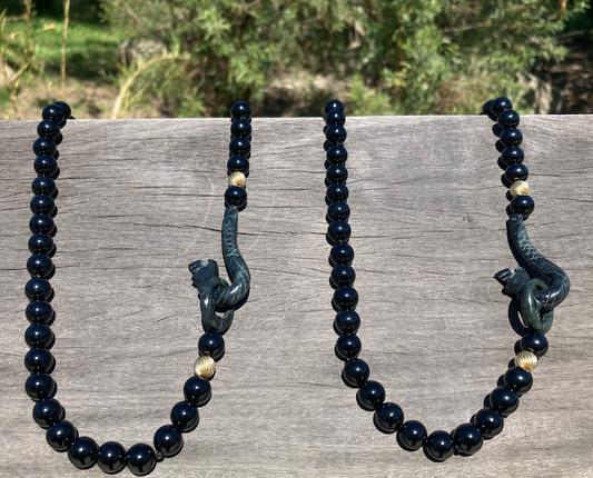 Two 1950's-60's Black Onyx and Hand Carved Jade Dragon Necklace