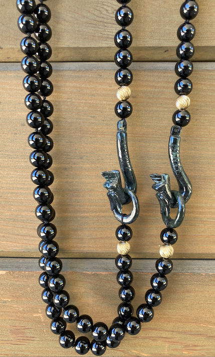 Two 1950's-60's Black Onyx and Hand Carved Jade Dragon Necklace