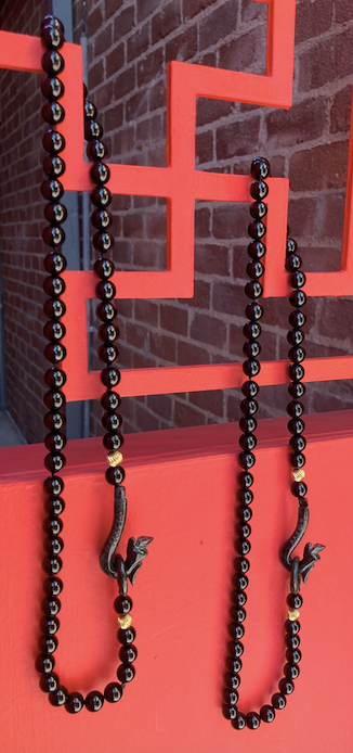 Two 1950's-60's Black Onyx and Hand Carved Jade Dragon Necklace