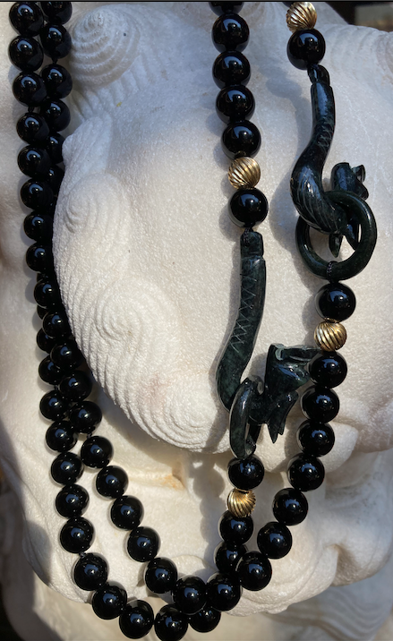 Two 1950's-60's Black Onyx and Hand Carved Jade Dragon Necklace
