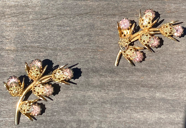 Two 1950's-60's Vintage Gold Toned Floral Filigree Brooches with Lavender Rhinestones
