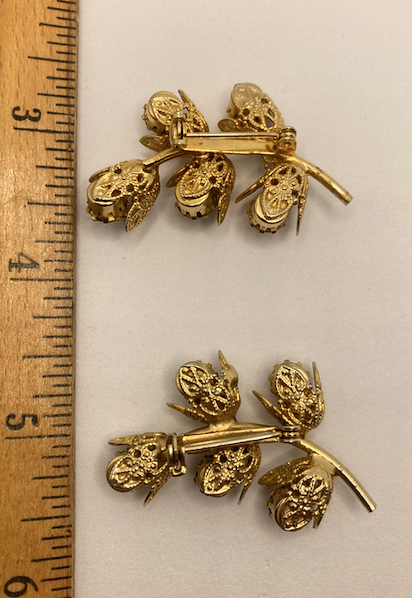 Two 1950's-60's Vintage Gold Toned Floral Filigree Brooches with Lavender Rhinestones