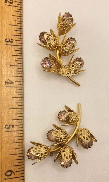 Two 1950's-60's Vintage Gold Toned Floral Filigree Brooches with Lavender Rhinestones