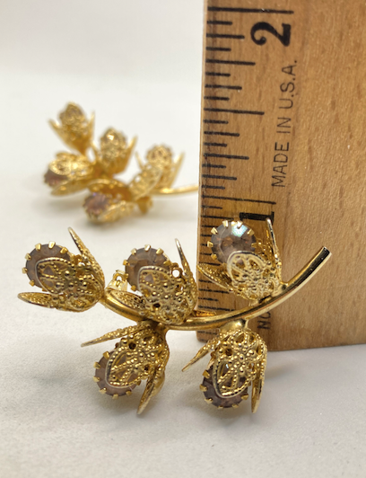 Two 1950's-60's Vintage Gold Toned Floral Filigree Brooches with Lavender Rhinestones