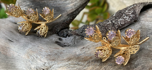 Two 1950's-60's Vintage Gold Toned Floral Filigree Brooches with Lavender Rhinestones