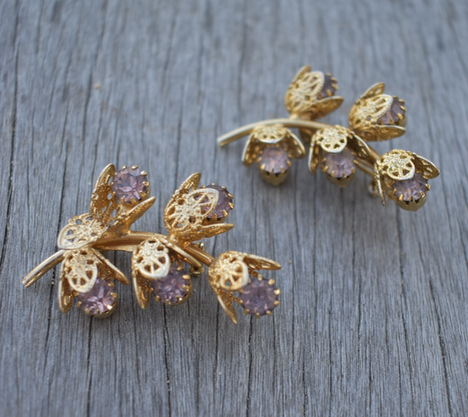 Two 1950's-60's Vintage Gold Toned Floral Filigree Brooches with Lavender Rhinestones