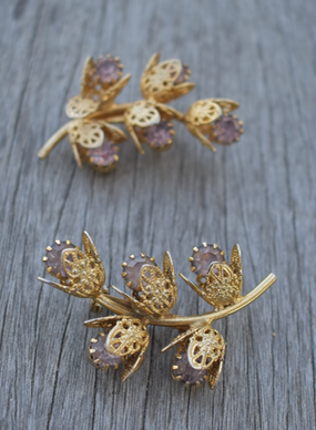 Two 1950's-60's Vintage Gold Toned Floral Filigree Brooches with Lavender Rhinestones