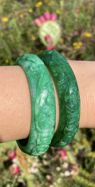 Two matching 1970's-80's vintage hand carved jade bangles