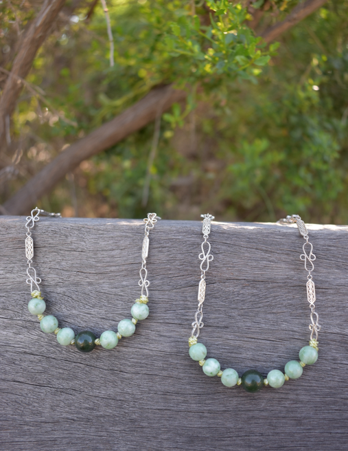 Two Newly Crafted Matching 1920-30's Style Hand-Strung Jade Necklaces with Vintage Silver Plated Chain