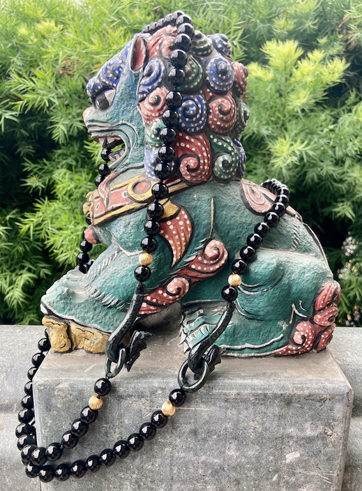 Two 1950's-60's Black Onyx and Hand Carved Jade Dragon Necklace