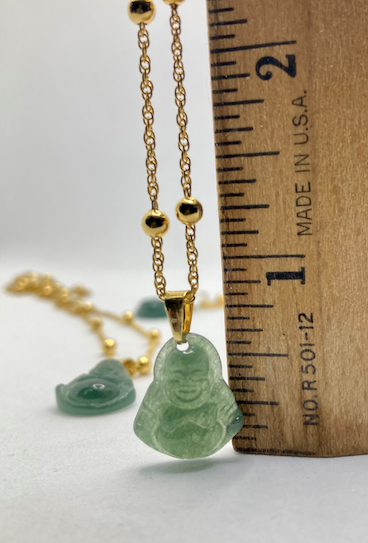 Three 1970's-80's Vintage Hand Carved Jade Budha Pendants on 18" Gold Plated Chain