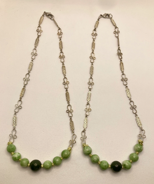 Two Newly Crafted Matching 1920-30's Style Hand-Strung Jade Necklaces with Vintage Silver Plated Chain