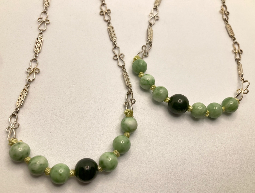 Two Newly Crafted Matching 1920-30's Style Hand-Strung Jade Necklaces with Vintage Silver Plated Chain