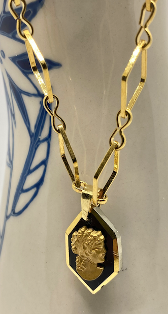 One 18K Gold Plated Bracelet with Vintage Black and Gold Cameo Charm