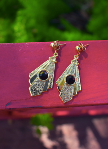 One pair of vintage reproduction art deco gold tone earrings