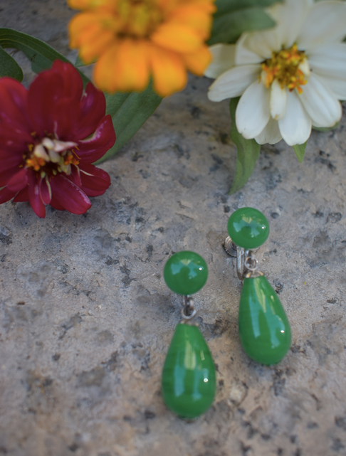 One Pair Vintage 1950-60's Japanese Green Teardrop Dangle Earrings