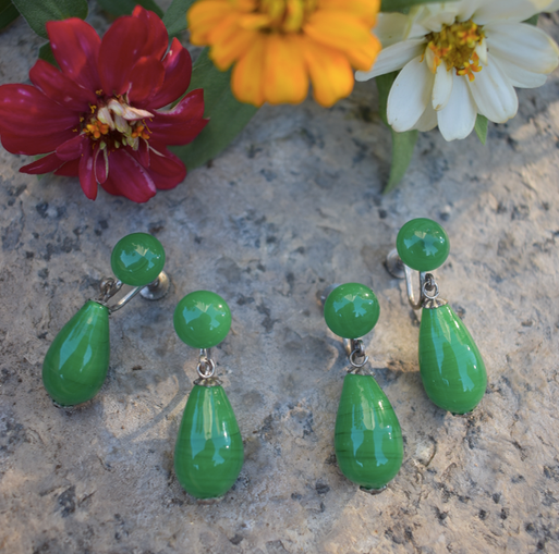 Two Pairs Vintage 1950-60's Japanese Green Teardrop Dangle Earrings Screw-Back