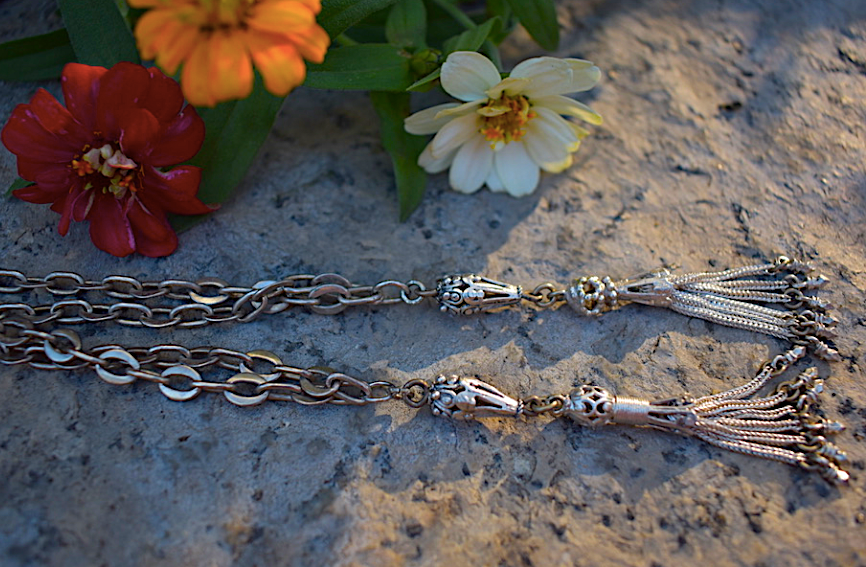Two Victorian- Era Sterling Silver Tassel Pendants on Two Vintage Silver Plated Chain Necklaces.