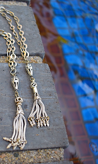 Two Victorian- Era Sterling Silver Tassel Pendants on Two Vintage Silver Plated Chain Necklaces.