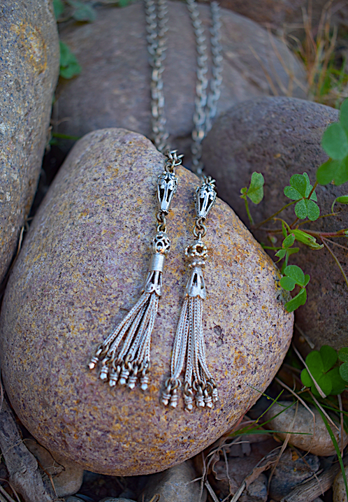 Two Victorian- Era Sterling Silver Tassel Pendants on Two Vintage Silver Plated Chain Necklaces.