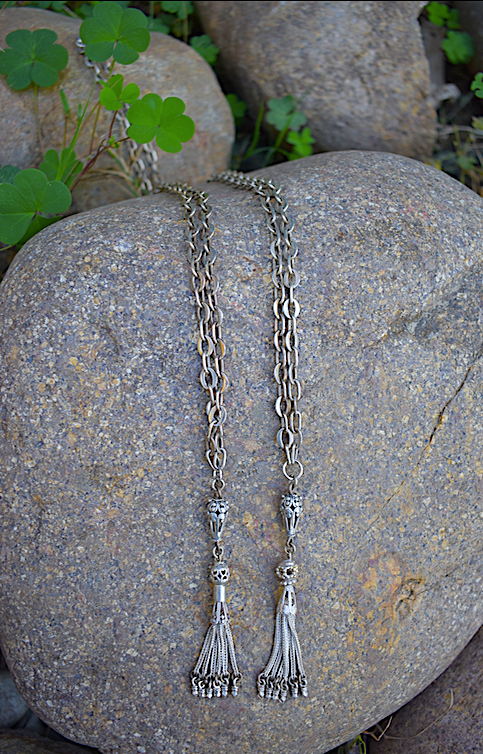 Two Victorian- Era Sterling Silver Tassel Pendants on Two Vintage Silver Plated Chain Necklaces.