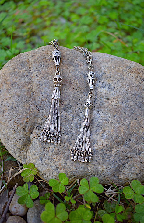 Two Victorian- Era Sterling Silver Tassel Pendants on Two Vintage Silver Plated Chain Necklaces.