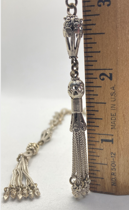 Two Victorian- Era Sterling Silver Tassel Pendants on Two Vintage Silver Plated Chain Necklaces.