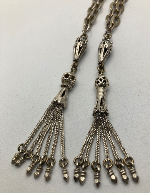 Two Victorian- Era Sterling Silver Tassel Pendants on Two Vintage Silver Plated Chain Necklaces.