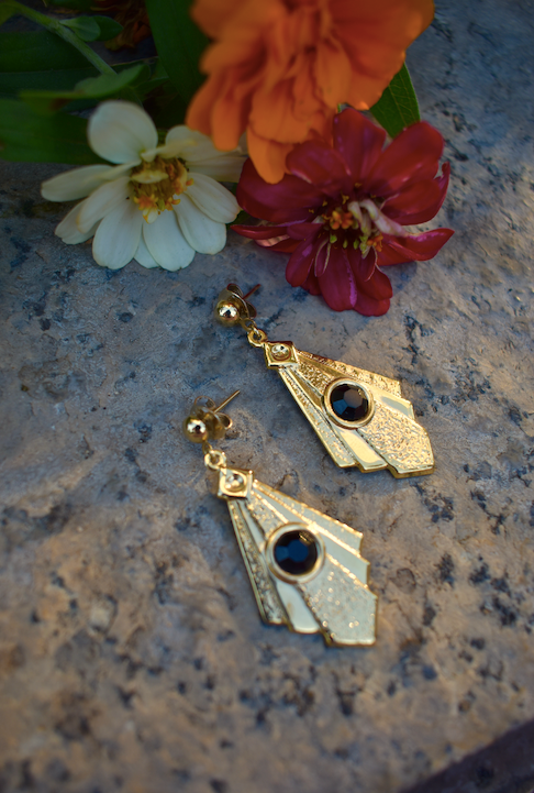 One pair of vintage reproduction art deco gold tone earrings