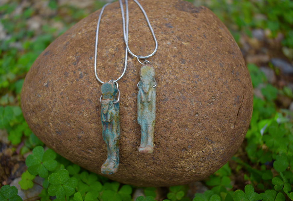 Two 17th- 18th Century Ceramic Faience Egyptian Pendants on 18" Sterling Silver Chain