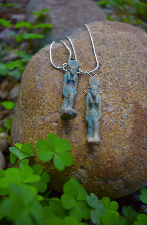 Two 17th- 18th Century Ceramic Faience Egyptian Pendants on 18" Sterling Silver Chain
