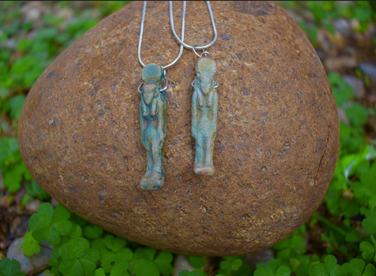 Two 17th- 18th Century Ceramic Faience Egyptian Pendants on 18" Sterling Silver Chain