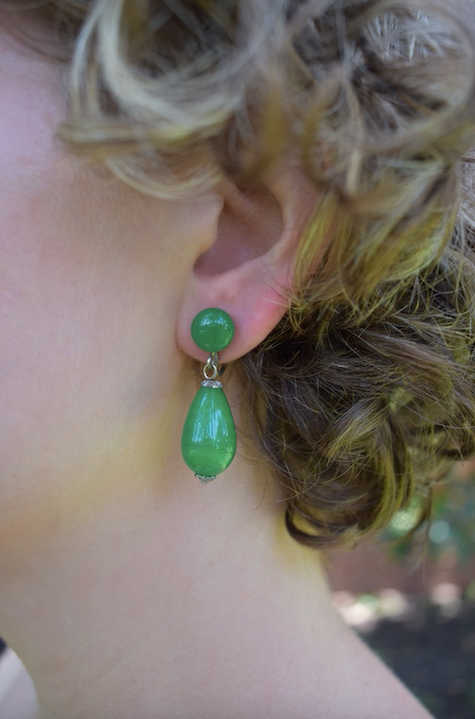 One Pair Vintage 1950-60's Japanese Green Teardrop Dangle Earrings